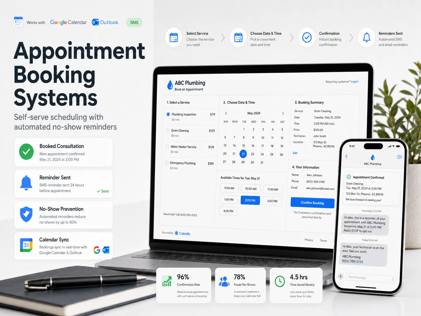A dark navy scheduling system with a confirmed calendar appointment and automated reminders