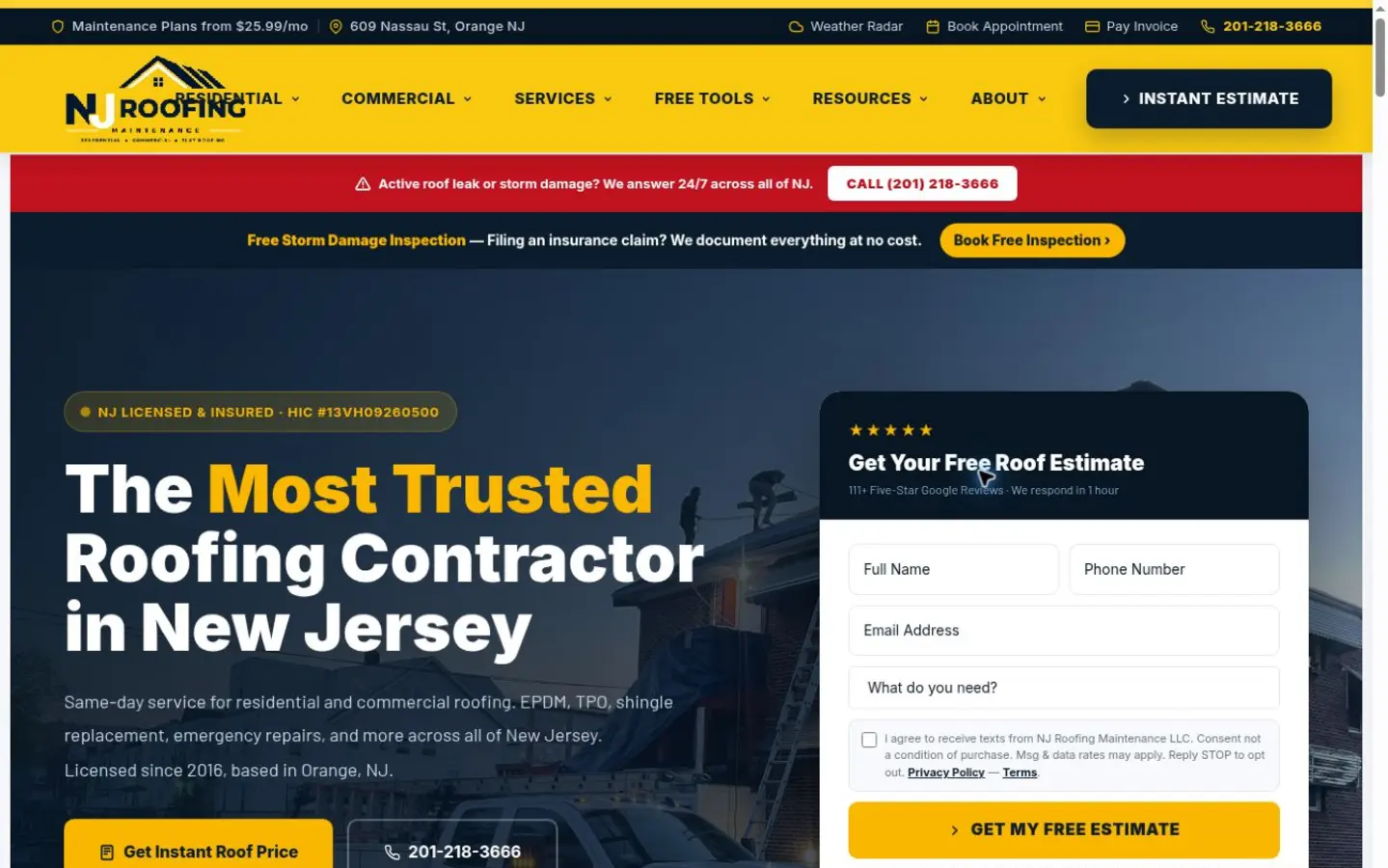 NJ Roofing website homepage preview